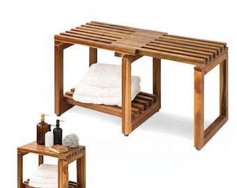 Banco de ducha de madera de acacia con longitud ajustable y estante de almacenamiento, banco de spa impermeable para ducha