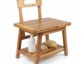 23 Inch Acacia Wood Shower Bench with Backrest, Waterproof Bath Stool with Storage Shelf for Bathroom, Spa and Shower