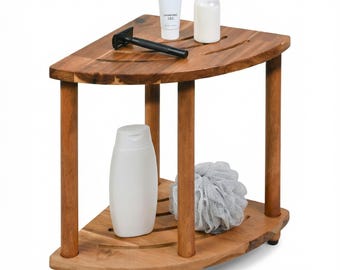 Reposapiés de ducha de madera de acacia de dos niveles: organizador de baño tipo spa, taburete para afeitarse