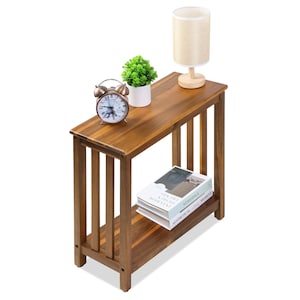 Slim Real Acacia Wood Side Table 24” Tall – Narrow Sofa Table, Bedside Nightstand for Small Spaces