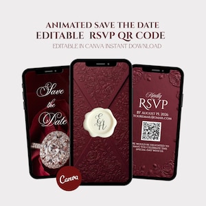 Animated Wedding Invitation Video Template,Burgundy Wedding Invite,Canva Editable Digital Invite,RSVP Website, QR Code,Elegant Save the Date