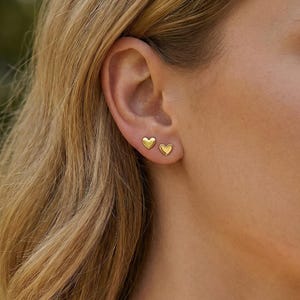 May include: Close-up of a person's ear with two small, gold heart-shaped stud earrings. The earrings are simple and elegant, reflecting light. The background is blurred, suggesting an outdoor setting.