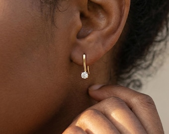18K Gold Filled CZ Drop Hoop Earrings, Dainty Huggie Earrings, Minimalist Gold Earrings, Gift for Her