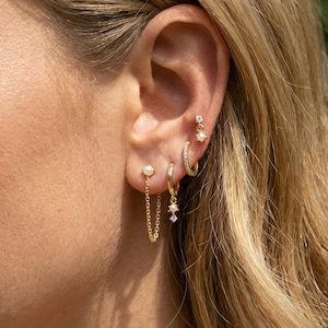 18K Gold Filled Ear Stack Set, Hoop Chain Dangle Stud Earrings, Cartilage Helix Lobe Jewelry, Gift for Her