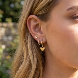 18K Gold Filled Earring Set, Heart Stud and Hoop Earrings, Dainty Ear Stack Set, Minimalist Heart Drop Earrings