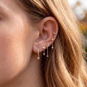18K Gold Filled Celestial Earring Set, Moon Star Ear Stack Set, Dainty CZ Drop Earrings, Cartilage Earrings for Her