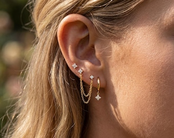 Parure de boucles d'oreilles en or 18 carats, clous d'oreilles en ZC et chaîne, parure d'oreilles délicates, créoles et pendants d'oreilles pour elle