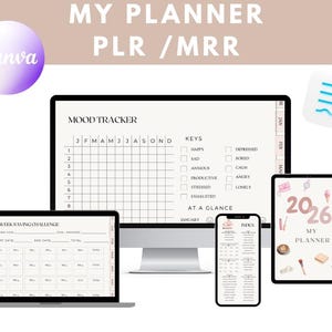 Puede incluir: Un diseño de planificador digital con el texto "MY PLANNER PLR / MRR" que se muestra en un monitor de computadora, una computadora portátil, una tableta y un teléfono inteligente. El planificador incluye un rastreador de estado de ánimo, un desafío de ahorro de 52 semanas y un índice. La tableta muestra "2026 MY PLANNER".
