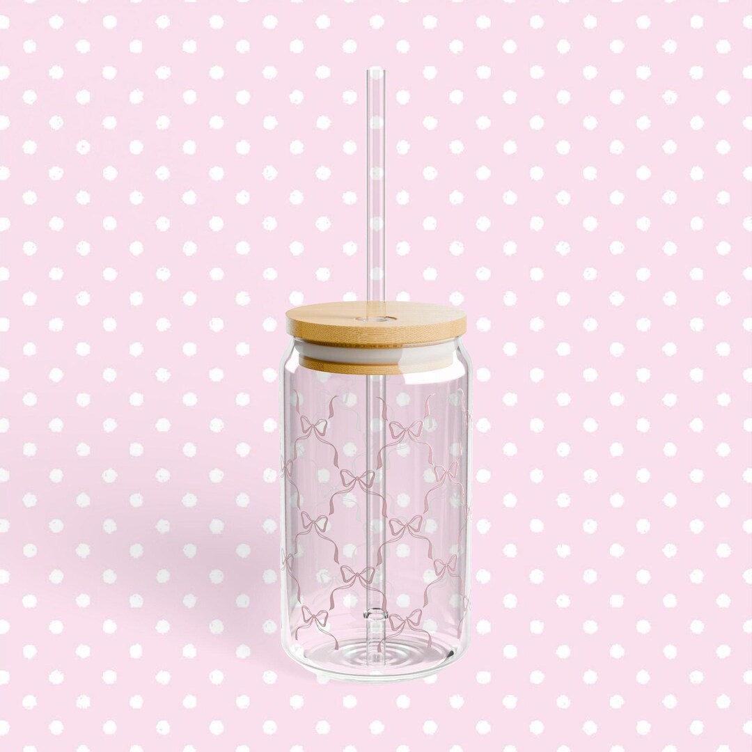 Pink Bow Pattern Sipper Glass 16oz Clear Straw Tumbler With Bamboo Lid ...