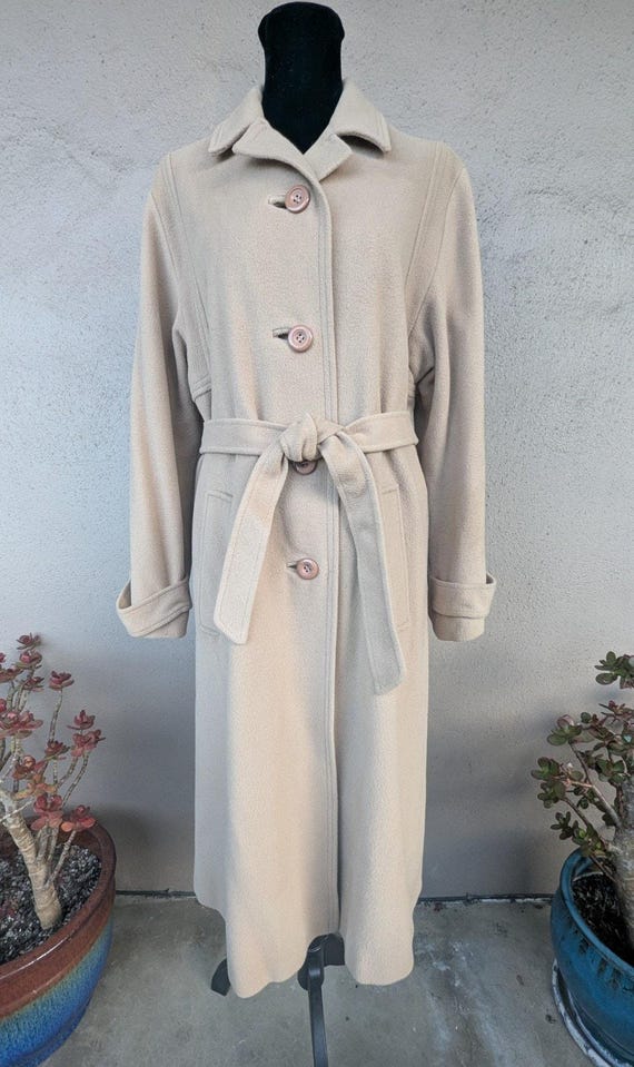 Vintage 1980s-1990s Beige Wool-Blend Long Coat with Belted Raglan Sleeves