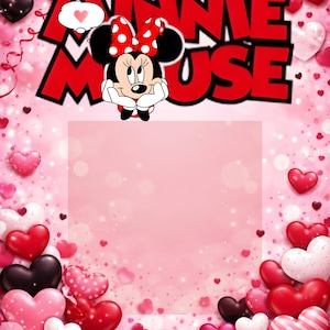 May include: A pink and red Minnie Mouse-themed design with a heart-shaped frame. The image features Minnie Mouse, the text "Minnie Mouse" in red, and various heart decorations. The word "love" is written at the top.