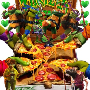 May include: An illustration featuring the Teenage Mutant Ninja Turtles. The image shows the four turtles with weapons, a skateboard, and a pizza box filled with pizza slices. The words "Teenage Mutant Ninja Turtles" are at the top.
