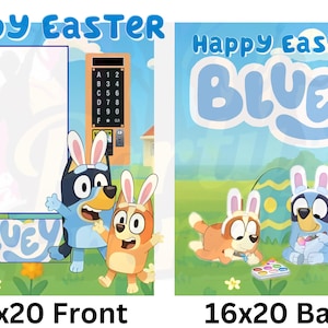 Puede incluir: Un diseño colorido con temática de Pascua con los personajes Bluey y Bingo, el texto "Happy Easter" y "Bluey". El diseño incluye un huevo, flores y un edificio. Las caras delantera y trasera miden 40,64 x 50,8 cm.