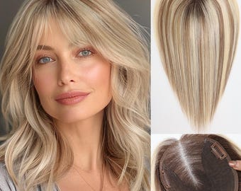 starluck Human Hair Toppers with Bangs 6x5 inch Large Swiss Base SilkHug 14 Inch