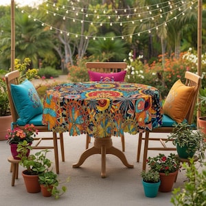 Puede incluir: Una mesa de comedor redonda al aire libre con un mantel estampado colorido, rodeada de sillas de madera con cojines. La mesa está colocada en un patio con plantas en macetas y luces de cadena, creando un espacio de comedor al aire libre vibrante.