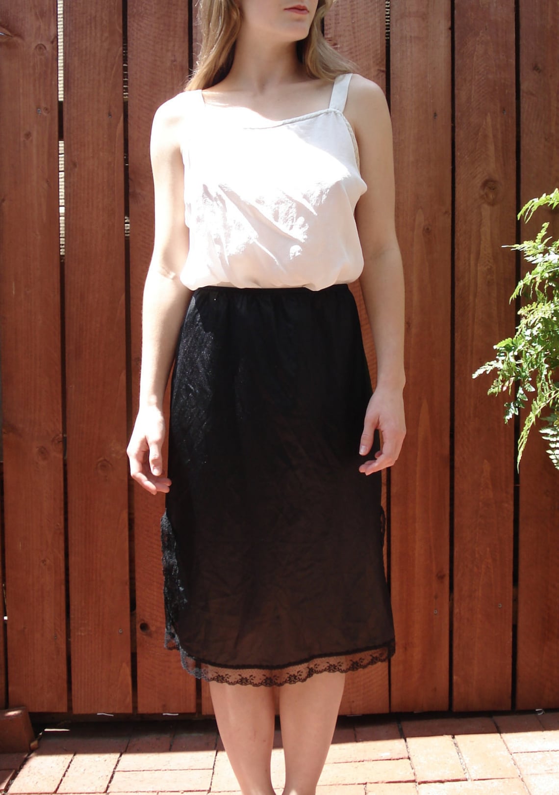 Vintage Black Satin Half Slip / Skirt w LACE Hemline / Slit Etsy