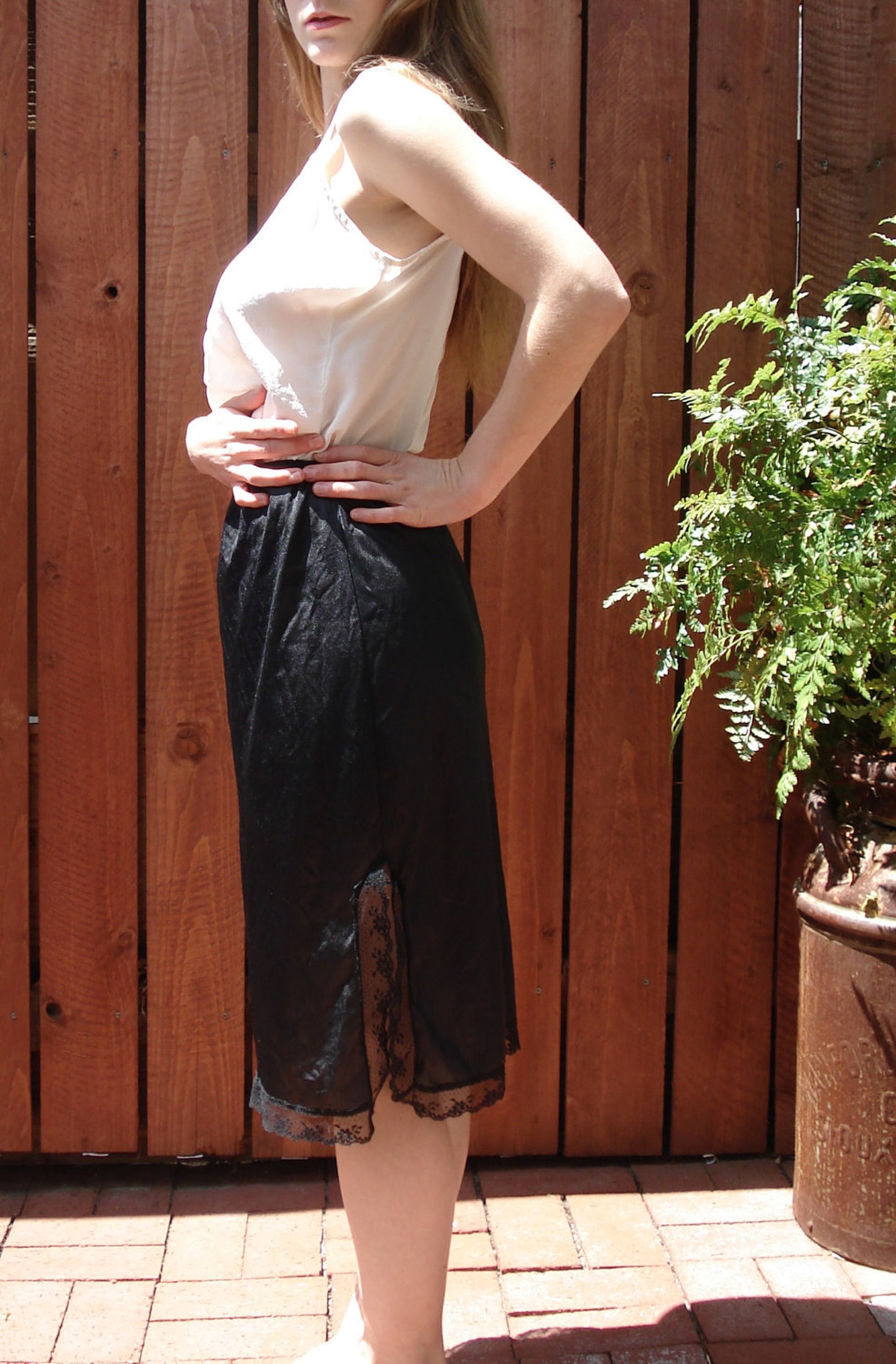 Vintage Black Satin Half Slip / Skirt w LACE Hemline / Slit Etsy
