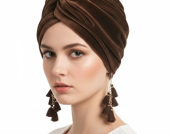Pañuelo para la cabeza con borlas estilo bohemio vintage, tocado retro de estilo cruzado para mujer, sombrero de terciopelo de moda, sombrero retro, pañuelo para la cabeza, sombrero de estilo cruzado