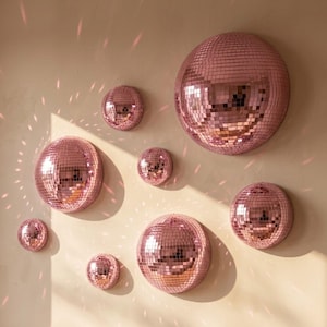 Mirror Tile Disco Ball Wall Decor Set of 3, Pink 70s Retro Party Vibe, Funky Home Decoration, Unique Gift