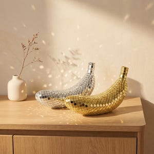 Disco Banana Figurine with Real Glass Mirror Tiles, Retro 70s Banana Decor, Silver Gold Disco Ball Home Accent, Funky Aesthetic Gift