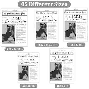Puede incluir: Una colecci&oacute;n de cinco impresiones de estilo peri&oacute;dico de diferentes tama&ntilde;os. Cada impresi&oacute;n presenta el titular "The Quincea&ntilde;era Post" con el nombre "EMMA Quincea&ntilde;era" y el texto "JOIN US FOR A!". Las impresiones muestran a una mujer con un vestido negro. Tama&ntilde;os en cm.