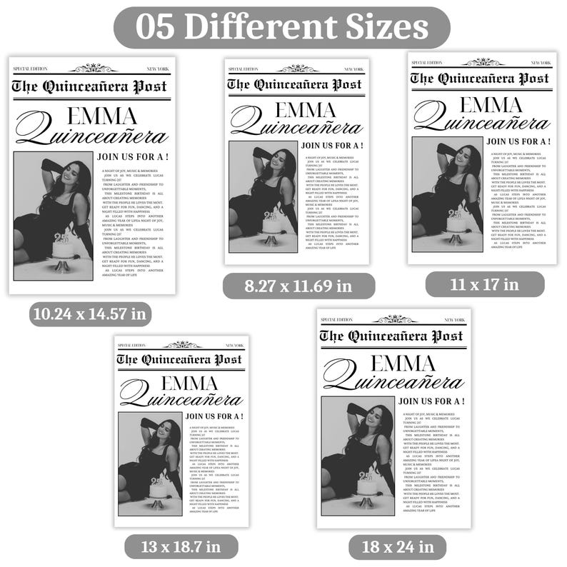 Puede incluir: Una colecci&oacute;n de cinco impresiones de estilo peri&oacute;dico de diferentes tama&ntilde;os. Cada impresi&oacute;n presenta el titular "The Quincea&ntilde;era Post" con el nombre "EMMA Quincea&ntilde;era" y el texto "JOIN US FOR A!". Las impresiones muestran a una mujer con un vestido negro. Tama&ntilde;os en cm.