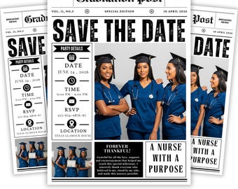 Invitación de graduación de enfermería en periódico, fiesta de graduación azul con foto para guardar la fecha, diseño editable de Canva para la ceremonia de imposición de insignias de enfermería, descarga digital.