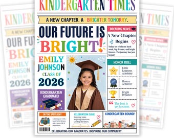 Plantilla de periódico de graduación infantil, periódico editable de Canva para niños de preescolar, anuncio de graduación de jardín de infancia para primaria.