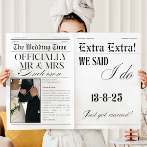May include: A newspaper-style wedding announcement with the headline "The Wedding Time" and "Extra Extra!" in black font. The announcement includes the names "Mr & Mrs Anderson" and "We Said I Do". The date "13-8-25" is also featured.