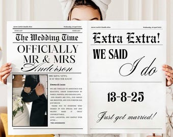 Plantilla personalizada de periódico para bodas fugaces, impresión editable de anuncio de boda, periódico fotográfico romántico "Nos fugamos", descarga instantánea de Canva