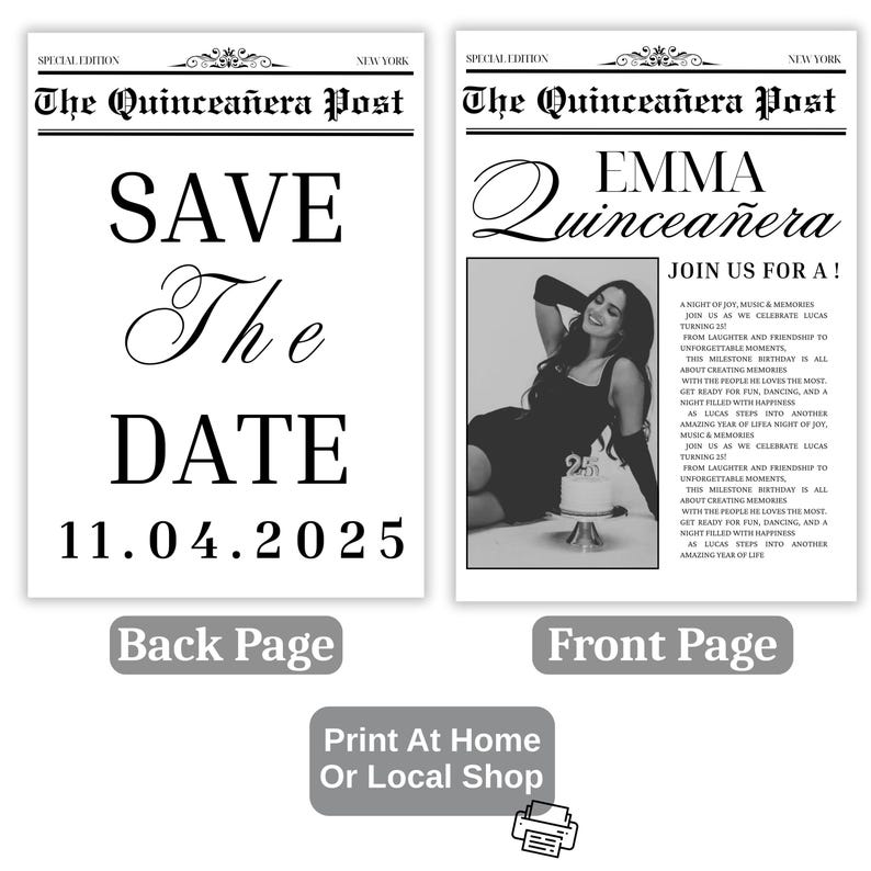 Puede incluir: Una invitaci&oacute;n estilo peri&oacute;dico para una Quincea&ntilde;era, con un dise&ntilde;o en blanco y negro. La portada incluye una foto y texto, mientras que la contraportada dice "SAVE The DATE 11.04.2025". La invitaci&oacute;n est&aacute; dise&ntilde;ada para imprimir en casa o en una tienda local.