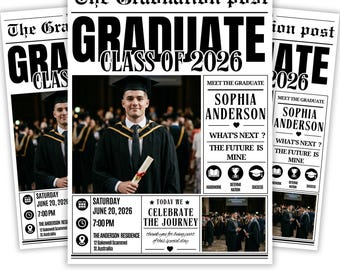 Plantilla de Canva para periódico de graduación: diseño editable para anuncio de graduación, envoltorio para ramo de flores, descarga digital instantánea.