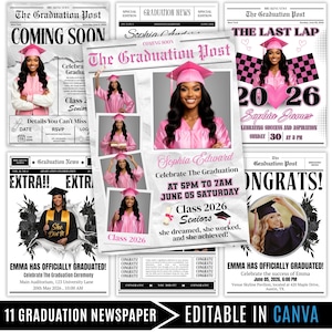 Könnte beinhalten: Eine Sammlung von Abschlussankündigungen im Zeitungsstil. Das Design ist überwiegend rosa, mit Fotos von Absolventen in Hüten und Roben. Texte beinhalten "Coming Soon", "Klasse 2026" und Glückwünsche.