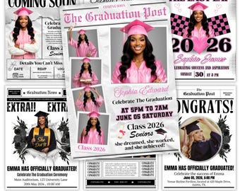 Anuncio de graduación en periódico, plantilla imprimible de felicitación para graduados, diseño editable de Canva "She Did It", celebración de graduación de la clase de 2026