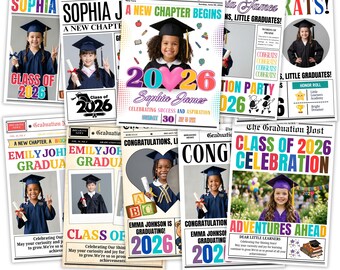 Paquete de plantillas para periódicos de graduación de jardín de infantes: 20 plantillas editables de periódicos infantiles en Canva, conjunto de anuncios de graduación de primaria.