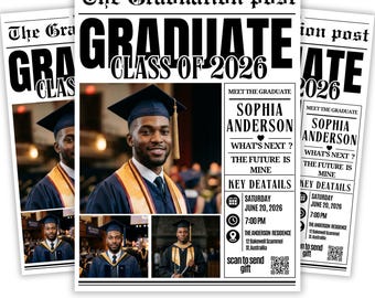 Periódico de graduación personalizado 2026: periódico grande impreso y enviado a medida, envuelto en ramo de flores para sesión de fotos de graduación.