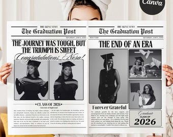 Anuncio de graduación en el periódico, plantilla grande imprimible en Canva, diseño editable, descarga digital, celebración de graduación