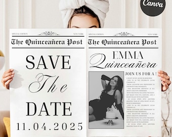 Quinceañera Save the Date Newspaper, Canva Editable Birthday Newspaper Template, Custom Newspaper Large,Photo Prop Keepsake,Digital Download