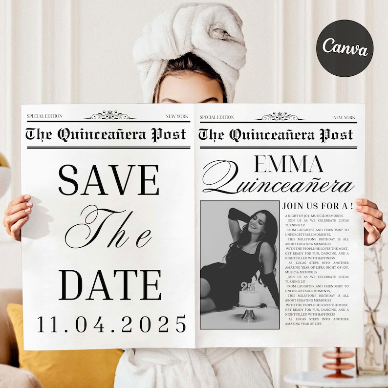 Puede incluir: Anuncio estilo peri&oacute;dico para una quincea&ntilde;era, con el titular "The Quincea&ntilde;era Post". El lado izquierdo dice "Save The Date 11.04.2025". El lado derecho incluye una foto y texto invitando a los invitados a celebrar la quincea&ntilde;era de Emma.