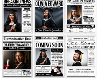 Periódico de graduación personalizado de 2026, anuncio de graduación impreso a medida con envoltorio de ramo de flores, paquete grande de accesorios para fotografía.