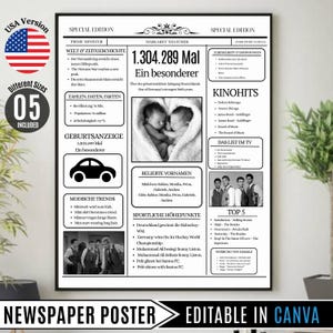 1965 60th Birthday Newspaper Poster, Custom BRD Design, Vintage 60th Birthday Gift for Men and Women, Instant Printable Download