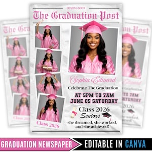 Afdrukbare sjabloon afstuderen krant, bewerkbare Canva Grad Photo News-artikel, Class Off 2026 Senior Party poster, Grad-aankondiging Evite