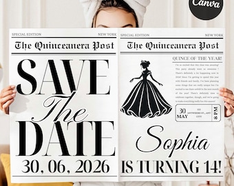 Periódico para guardar la fecha de quinceañera, plantilla editable de cumpleaños de Canva, periódico grande personalizado para foto de recuerdo, descarga digital
