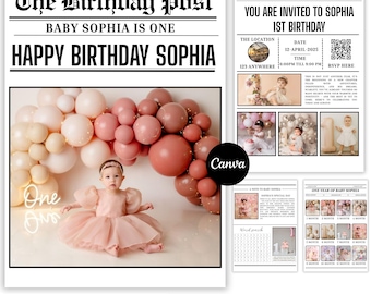 Periódico para el primer cumpleaños de tu bebé, invitación imprimible para fiesta de cumpleaños, periódico de cumpleaños para fotografía, diseño de Canva, descarga instantánea en PDF.