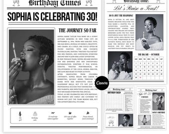 Plantilla de periódico de cumpleaños moderno y grande, anuncio de fiesta de cumpleaños, diseño de Canva, periódico de cumpleaños personalizado editable, descarga digital