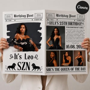 以下が含まれることがあります： Birthday Postと題された誕生日新聞のテンプレート。黒いドレスを着た人物の写真が複数枚配置され、Ayla's 25th Birthday、It's Leo SZN、She's the Queen of the Dayというテキストと、上部に2026年8月10日の日付が印刷されています。