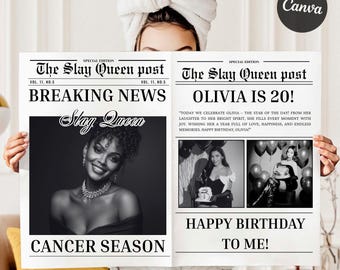 Plantilla editable de periódico de cumpleaños para personas con cáncer, anuncio de fiesta de cumpleaños, diseño de Canva, periódico de cumpleaños personalizado editable, descarga digital