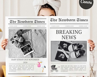 Periódico imprimible personalizado para anunciar el embarazo: ¡Bebé en camino! Plantilla de periódico grande para baby shower. Diseño imprimible en Canva. Descarga digital.