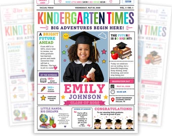 Plantilla de periódico para graduación de jardín de infantes, diseño editable de Kids Canva, anuncio de graduación de jardín de infantes de primaria, descarga digital