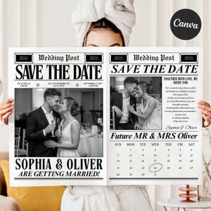 May include: A black and white wedding announcement designed as a newspaper. The headline reads "SAVE THE DATE" with the names Sophia & Oliver. Includes a calendar with the wedding date highlighted.